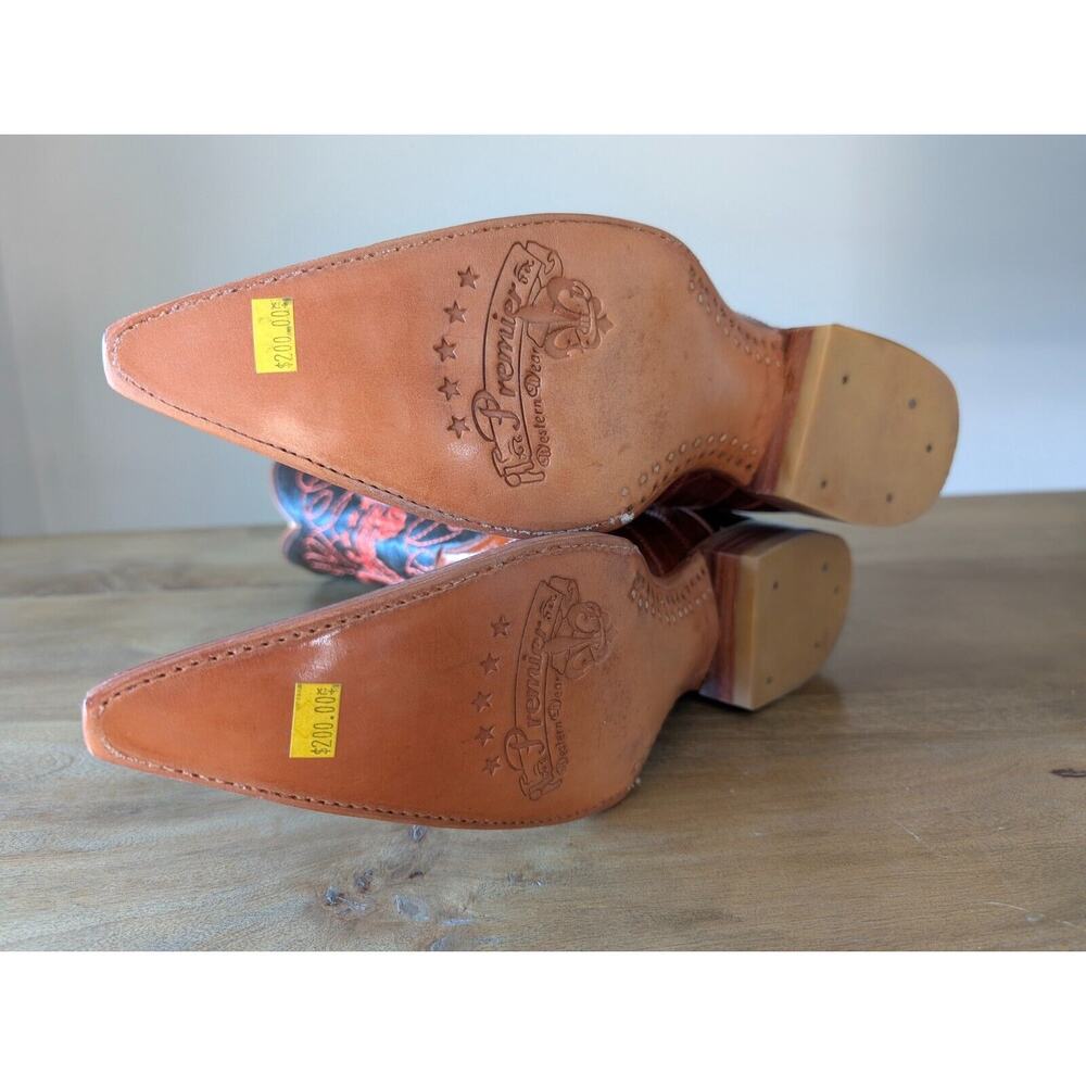 Premier Cowboy Boots Mens Size 8 Brown Leather Embroidered Pointed Toe Pull On - Picture 3 of 4
